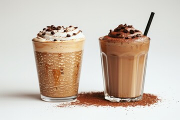 Sticker - Two Glasses of Iced Coffee with Whipped Cream and Chocolate on White Background