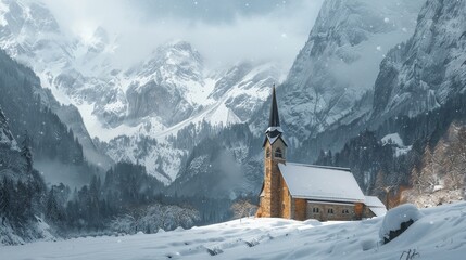 Poster - A quaint church stands nestled amidst snow-covered mountains, with a serene winter landscape and a sense of peace and solitude.