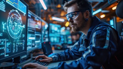 Wall Mural - Electronics Design Factory Office: Portrait of Handsome Caucasian Male Engineer Wearing Safety Gear And Working on Desktop Computer, Developing