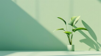 Wall Mural - A single green plant in a white pot, standing against a green wall. Sunlight streams in, casting a soft shadow on the wall. The image symbolizes simplicity, nature, growth, tranquility, and light.