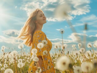 Carefree woman with blonde hair and yellow dress smiling in sunny dandelion field under blue sky