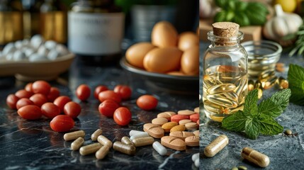 Assortment of natural supplements, vitamins, and food ingredients on a dark countertop.