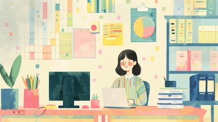 A young woman is working at a desk in a bright office with a computer,  papers, and charts around her. She is focused on her work, showing dedication and productivity.  The colorful office space conve