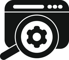 Poster - Black and white icon of website optimization showing a magnifying glass focusing on a gear icon