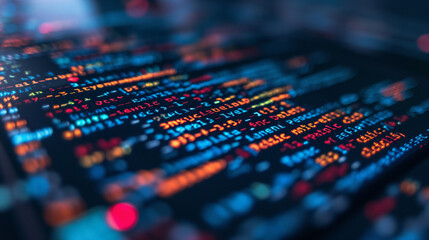 Code on screen with computer data and coding information for programming and technology software