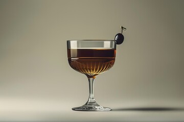 Poster - Classic Black Cocktail in a Glass with Olive on White Background