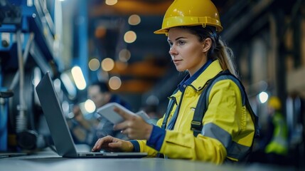 Wall Mural - Professional Heavy Industry Employees Wearing Hard Hats at Factory. Checking and discussing industrial facilities, and working on laptop computers. Caucasian Female Engineer and Male Technician