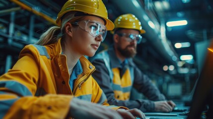 Wall Mural - Professional Heavy Industry Employees Wearing Hard Hats at Factory. Checking and discussing industrial facilities, and working on laptop computers. Caucasian Female Engineer and Male Technician