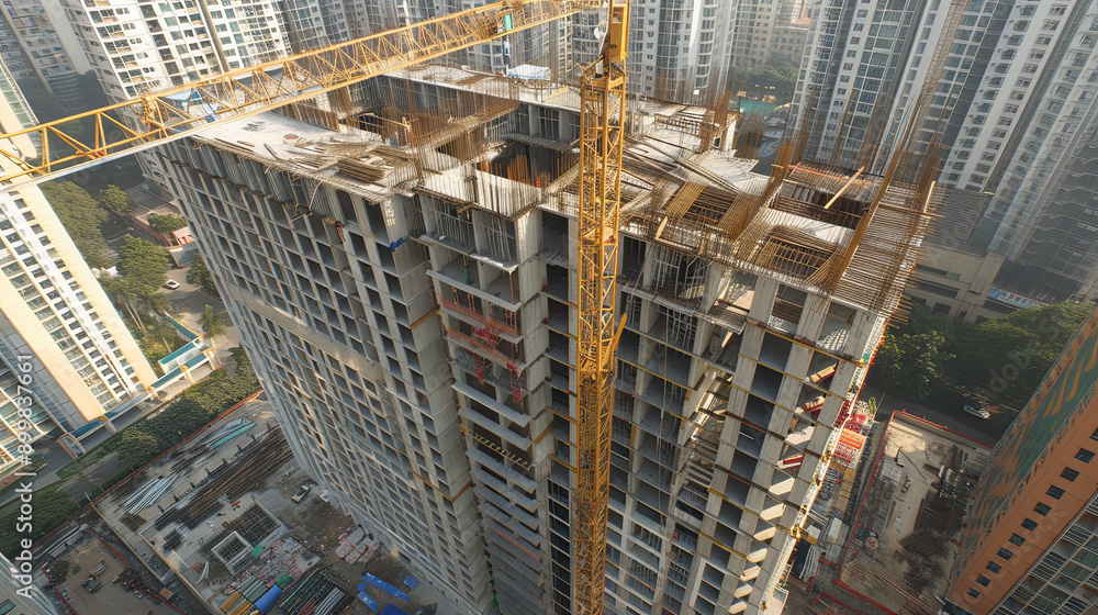 Building under construction with crane and construction site active and ...