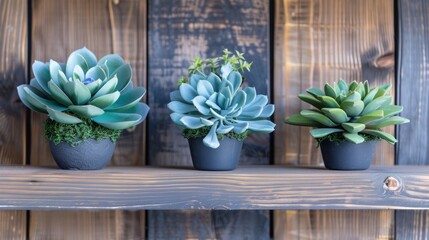 Wall Mural - Artificial green succulent plant for home decor on wooden shelves