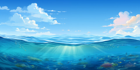 Wall Mural - illustration of a beautiful underwater scene with a coral reef and a blue sky