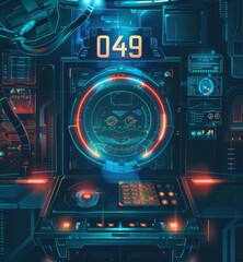 Wall Mural - A vector illustration of the control system in an alien spaceship with holographic elements and digital buttons for future technology design. A round display is located at the cente