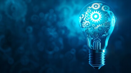 Wall Mural - Illuminated blue light bulb with intricate gears inside, symbolizing the intersection of machine learning and mechanical innovation.