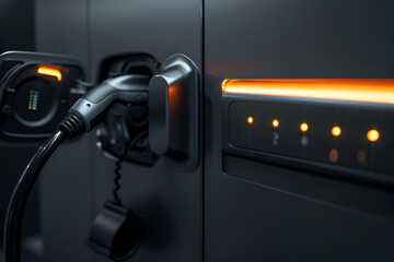 Power supply connected to an electric vehicle charging battery. EV charging station for electric cars or plug-in hybrids, showcasing automotive innovation and advanced technology concepts.