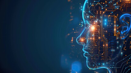 technology concept artificial abstract human side face and glowing brain with chip circuit board elegant blue tone background AI generated