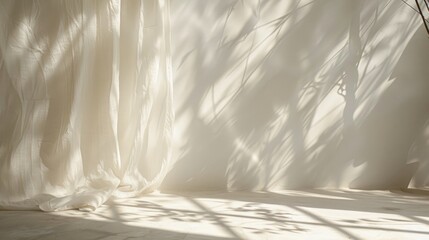 Wall Mural - Light and shadows on white wall from curtain and objects Sunlight space for text
