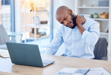 Poster - Neck pain, office and business black man on laptop for medical emergency, crisis and accident. Burnout, overworked and worker with headache, stressed out and frustrated with inflammation on computer