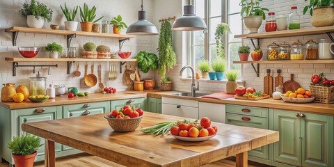 Wall Mural - A Modern Kitchen with Green Cabinets, Wooden Table, and Fresh Produce, Kitchen Design , Interior Design , Modern Kitchen , Rustic Kitchen