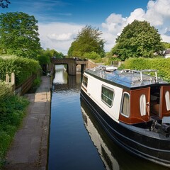 Wall Mural - canal with houseboats, AI generated