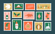 © Dedraw Studio - Set of vintage christmas post card stamp illustration. Retro style winter holiday postage sticker collection, xmas celebration mail postmark, festive postal label.