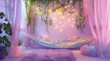 Wall Mural - A  pastel living room with fairy lights woven through a canopy of indoor vines and hanging 