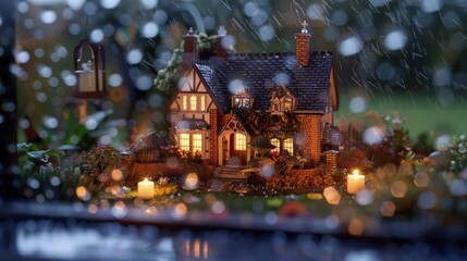 Wall Mural - a charming -style miniature model home, complete with detailed brickwork and a small garden, viewed 