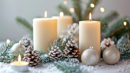 Wall Mural - Christmas decorations with candles and festive decor Christmas trees on a light white background creating a cozy home ambiance Text can be added