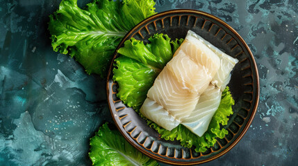 Healthy steamed cod fillet with lettuce on a simple plate, top view, with ample space left for text or additional elements.