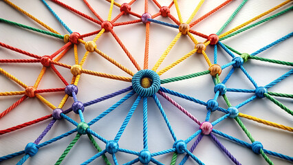 A high quality colorful rope forms an intricate web of connections on a white background, symbolizing the interconnectedness and diversity in business networks and social circles Generative AI