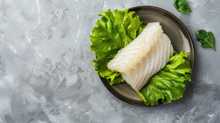 Healthy steamed cod fillet with lettuce on a simple plate, top view, with ample space left for text or additional elements.