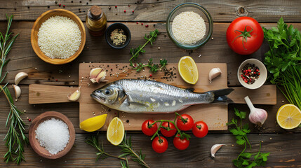 Fresh seabass fish surrounded by vegetables, grains, herbs, and spices on a chopping board, top view, rustic wooden background.