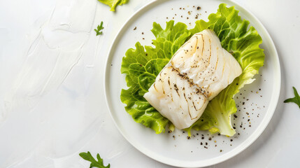 Wall Mural - Healthy steamed cod fillet with lettuce on a simple plate, top view, with ample space left for text or additional elements.