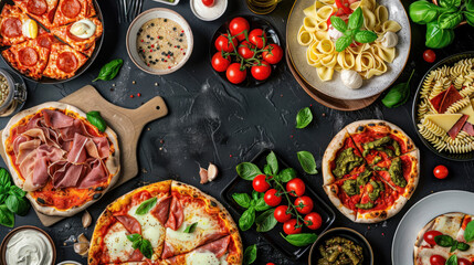 Wall Mural - Italian cuisine spread: pizza, pasta, ravioli, carpaccio, Caprese salad, and tomato bruschetta, top view on a black background.