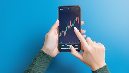 Finger pointing to smartphone for stock trading