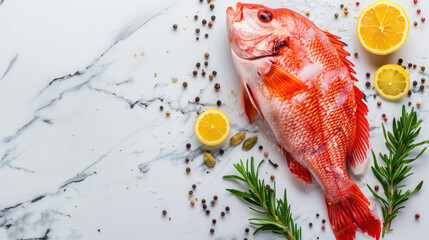 Wall Mural - Fresh whole red tilapia fish with lemon and spices, placed on a marble background, viewed from above.