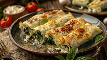 Wall Mural - Close-up of homemade rolled borek with spinach and feta cheese, highlighting Turkish culinary tradition.