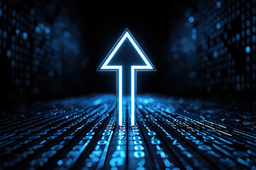 Neon Blue Arrow Pointing Upwards Over Digital Binary Code Background
