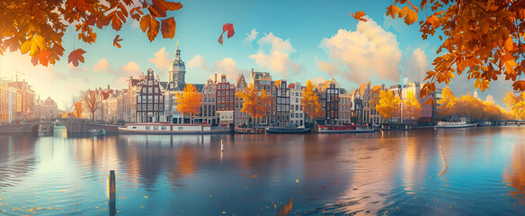 Canvas Print - City by the lake in autumn