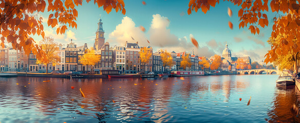 Canvas Print - City by the lake in autumn