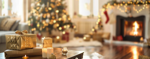 Blurred living room with Christmas tree and fireplace, many gifts on the table, New Year background with blur effect and warm golden tones, Photo with free space for text, with bokeh effect