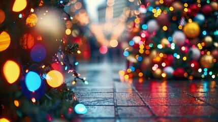 Wall Mural - a festive holiday scene in a city square, with christmas lights and decorations creating a colorful 