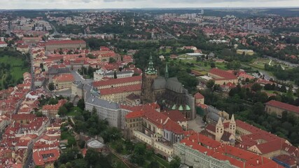 Sticker - Prague Old Town with St. Vitus Cathedral and Prague castle complex with buildings revealing architecture from Roman style to Gothic 20th century. Prague, capital city of the Czech Republic. Drone, 4k.