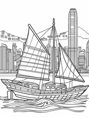 Wall Mural - a black and white drawing of a boat in the water with a city in the background