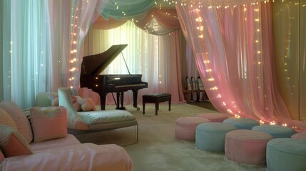 Wall Mural - A luxe living room with pastel silk drapes, fairy lights elegantly framing a grand piano in the corner, and a cluster of soft pastel ottomans for additional seating.