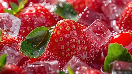 Wall Mural - Fresh strawberry and ice cubes, raspberry juice in a crystal glass on ice on a red background. Created with Generative AI