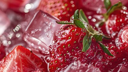 Wall Mural - Fresh strawberry and ice cubes, raspberry juice in a crystal glass on ice on a red background. Created with Generative AI