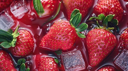 Wall Mural - Fresh strawberry and ice cubes, raspberry juice in a crystal glass on ice on a red background. Created with Generative AI