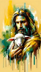 Canvas Print - colorful painting illustration of Jesus Christ son of God caring for a sheep. Christmas, Easter, love Heaven and salvation concept.