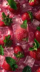 Wall Mural - Fresh strawberry and ice cubes, raspberry juice in a crystal glass on ice on a red background. Created with Generative AI