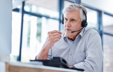 Poster - Phone call, consulting and mature man with headset, computer or lead generation in crm office. Tech support, customer service or sales agent in telemarketing callcenter for online advice at help desk